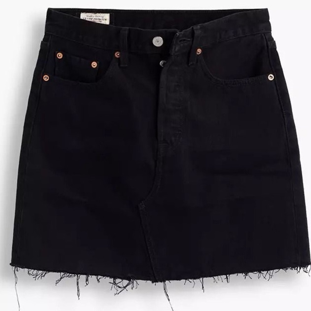 Levi’s High Rise Deconstructed Black Denim Iconic Mini Skirt Raw Hem Button Fly